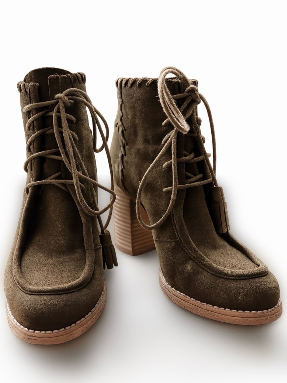 Stuart Weitzman Olive Suede Lace-Up Ankle Boots with Block Heel